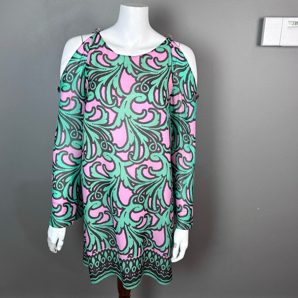 Milly Dress Size 6 silk patterned sheer tropical pretty pink green cabochon
